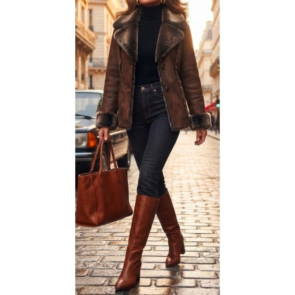 Chicos Faux Leather Shearling Coat Brown Fur Trim Jacket Mobwife Retro Glam 3